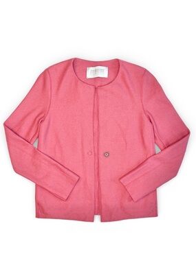 Harris Wharf London Pink Boiled Wool 
Raw Edge Collarless Boxy Blazer Jacket 2